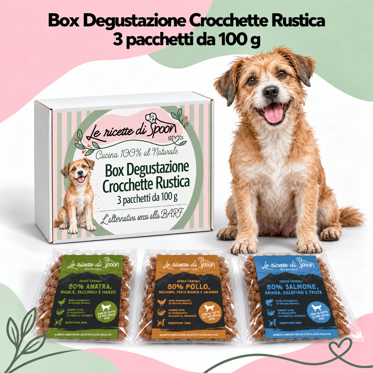 Box Degustazione Crocchette Rustica con tre sacchetti da 100 g ed etichette originali