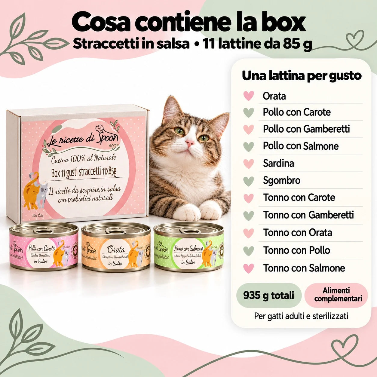Box Straccetti gatto 11 gusti da 85 g con gatto soddisfatto su fondo bianco
