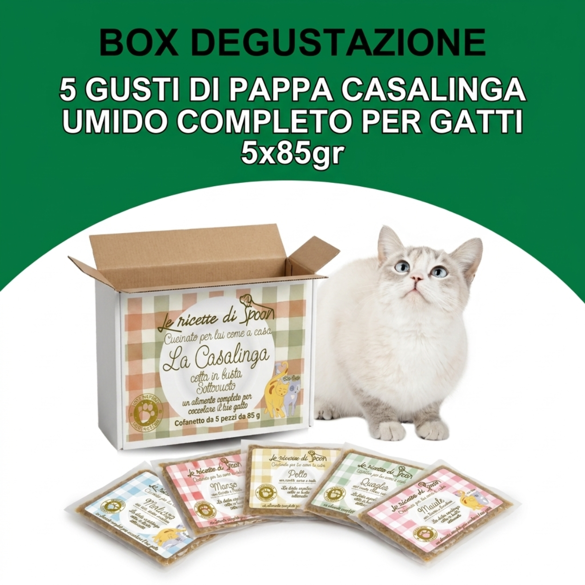 Box Degustazione 5 gusti (5x85gr) Pappa Casalinga alimento completo per Gatto adulto