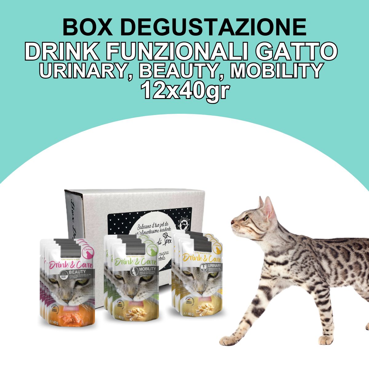 Box degustazione Drink Funzionali gatto (12x40gr) - Urinary, Mobility e Beauty