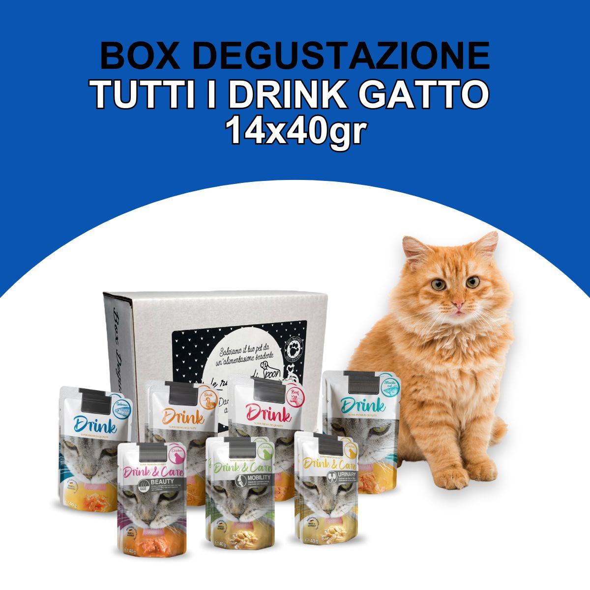 Box degustazione Tutti i Drink (14x40gr) per un’adeguata idratazione del tuo gatto