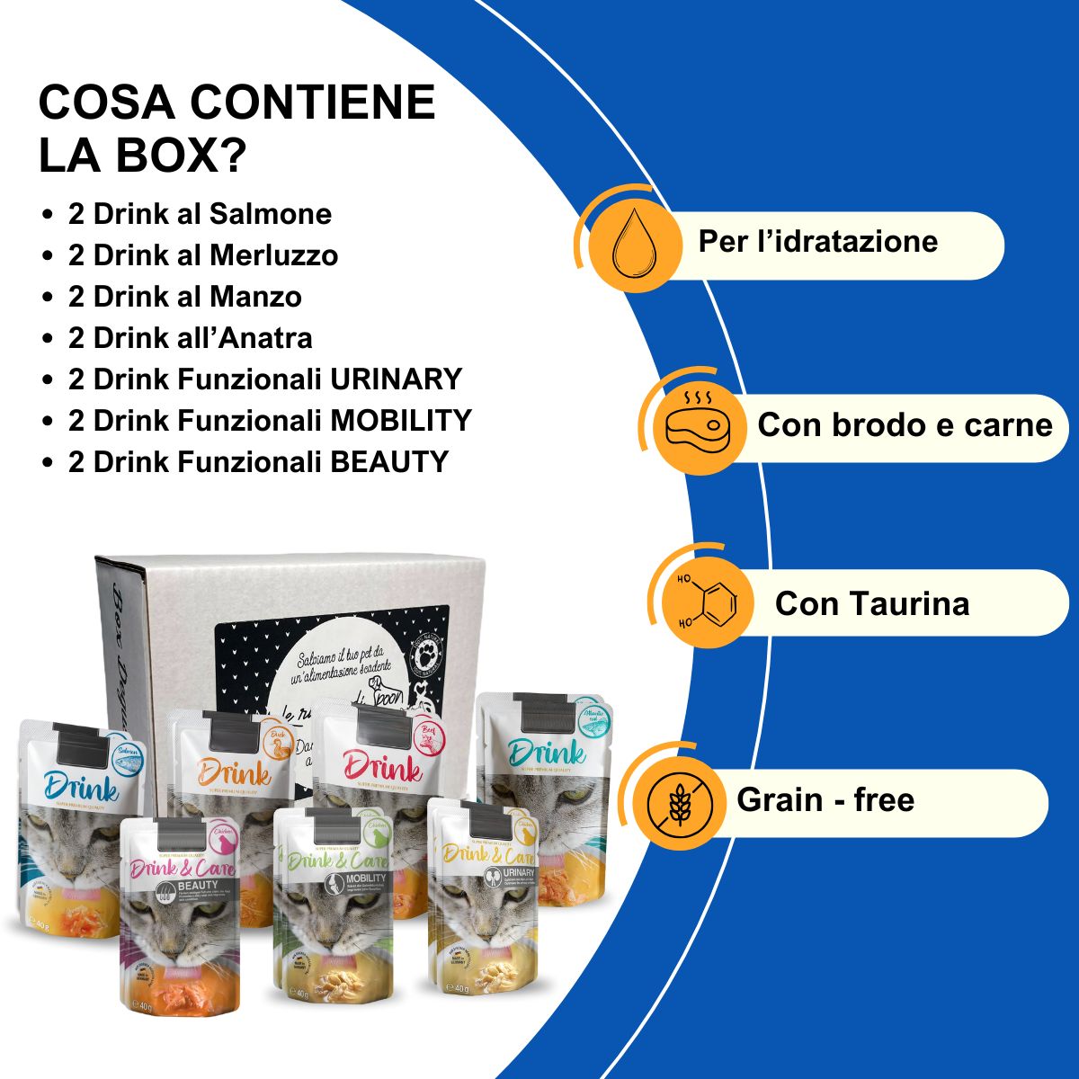 Box degustazione Tutti i Drink (14x40gr) per un’adeguata idratazione del tuo gatto