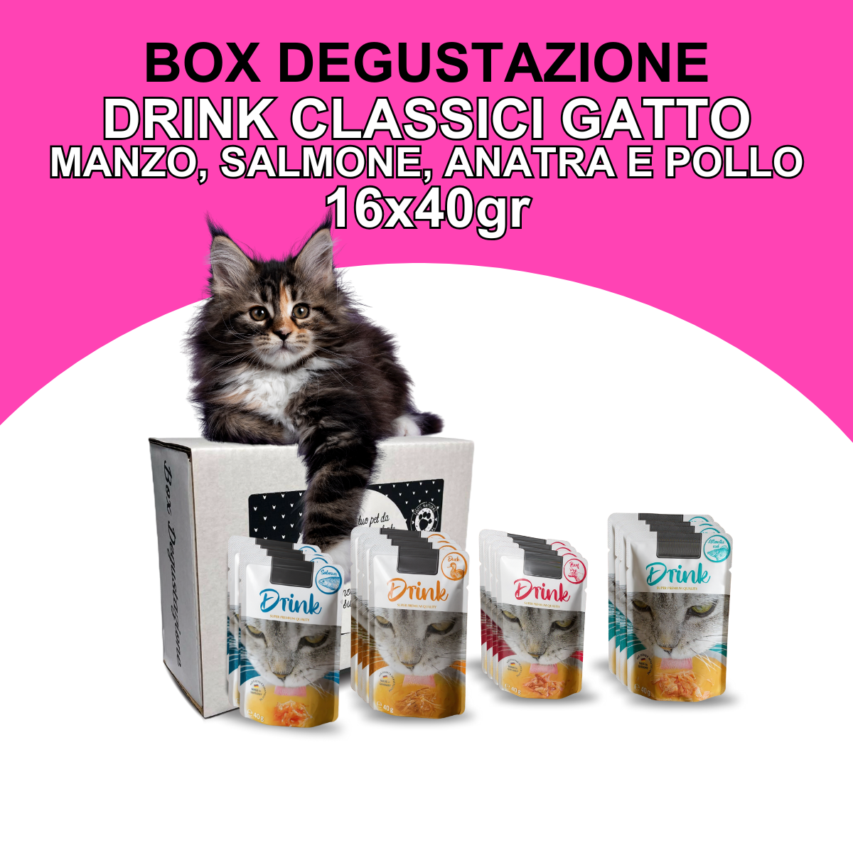 Box degustazione Drink Classici gatto (16x40gr) - 4 gusti: Manzo, Pollo, Anatra e Salmone