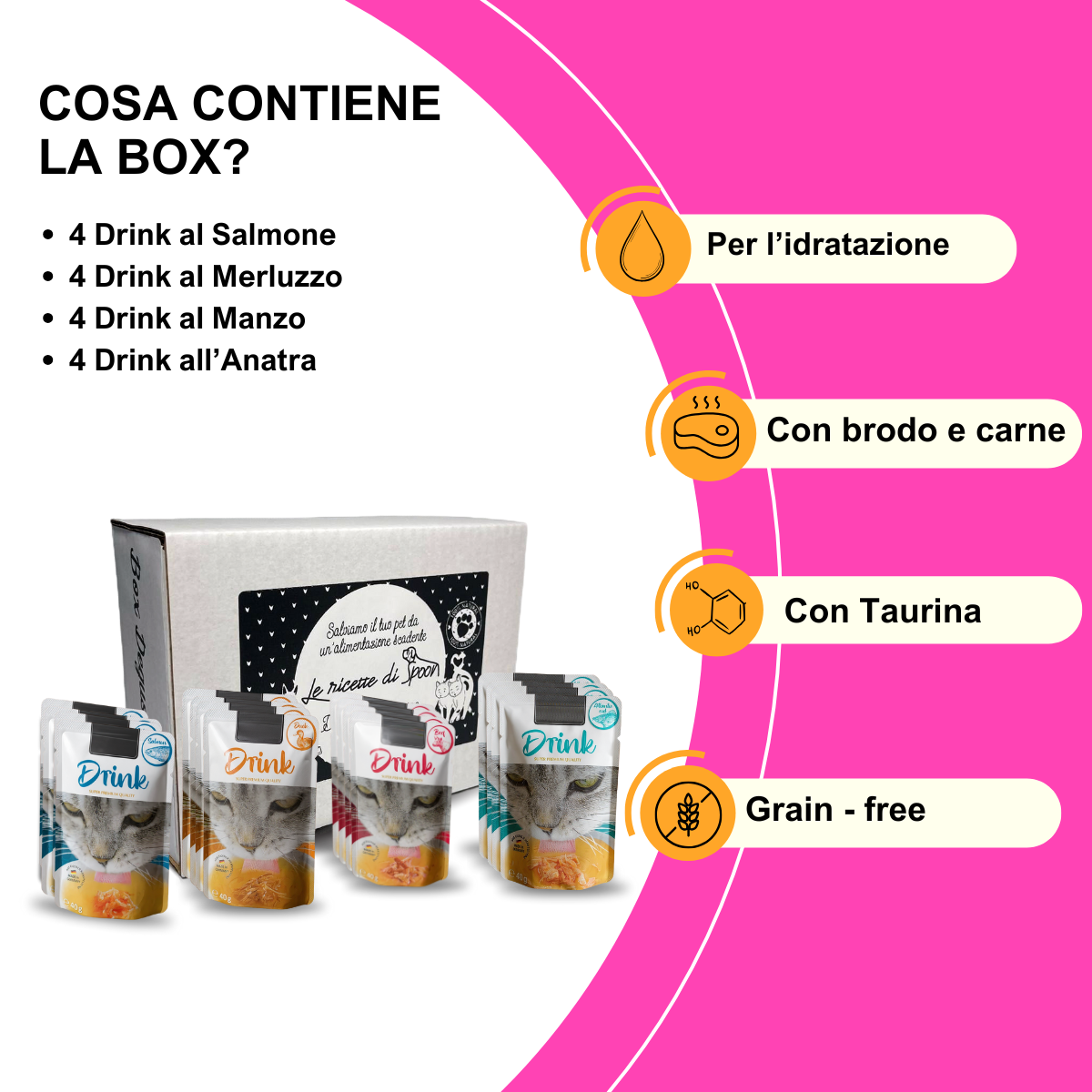 Box degustazione Drink Classici gatto (16x40gr) - 4 gusti: Manzo, Pollo, Anatra e Salmone