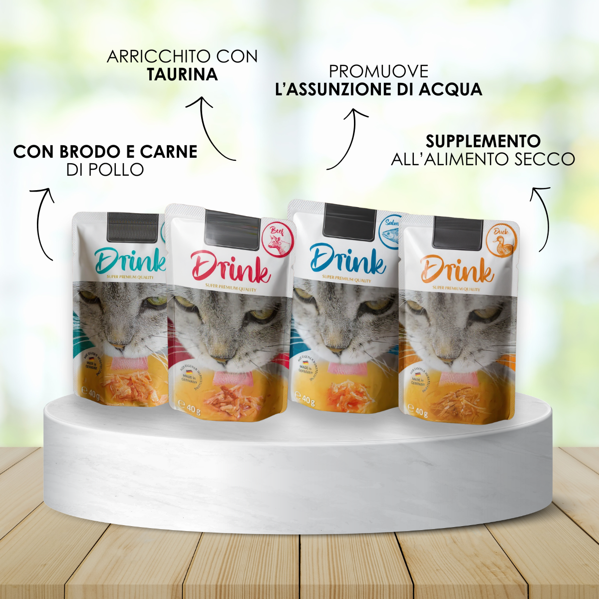 Box degustazione Drink Classici gatto (16x40gr) - 4 gusti: Manzo, Pollo, Anatra e Salmone