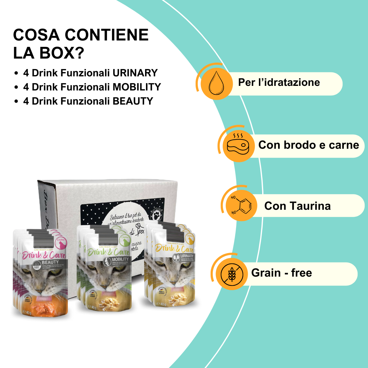 Box degustazione Drink Funzionali gatto (12x40gr) - Urinary, Mobility e Beauty