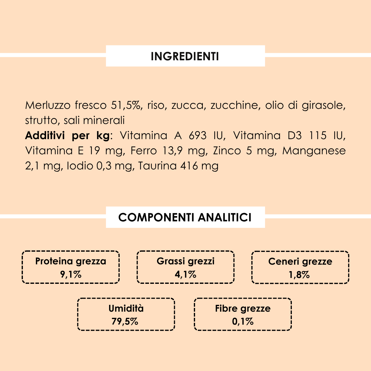 Pappa Casalinga alimento completo per Gatto adulto: Merluzzo con Riso, Zucca e Zucchine cotta in busta sottovuoto 85g