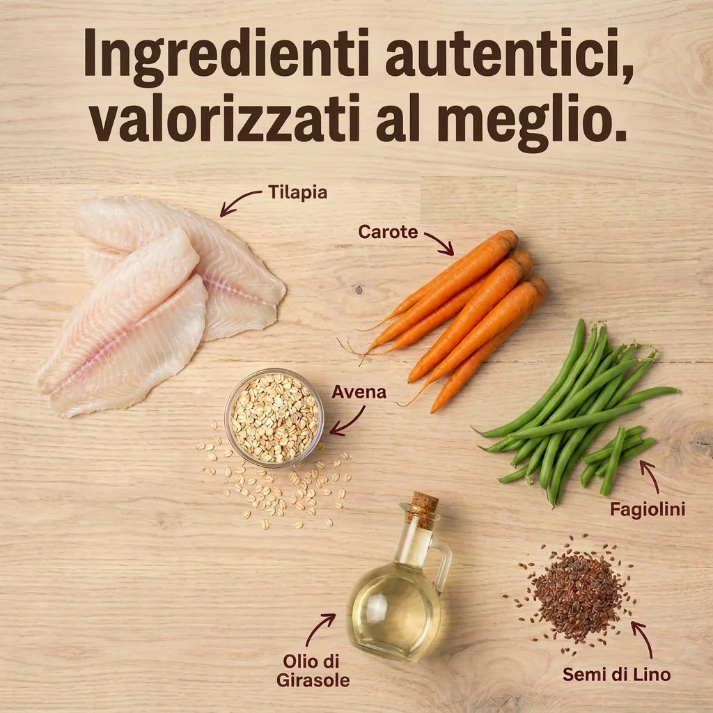 La BARF in Busta — Pesce Bianco Tilapia con Fiocchi d'Avena e Fagiolini | Alimento completo per Cane adulto