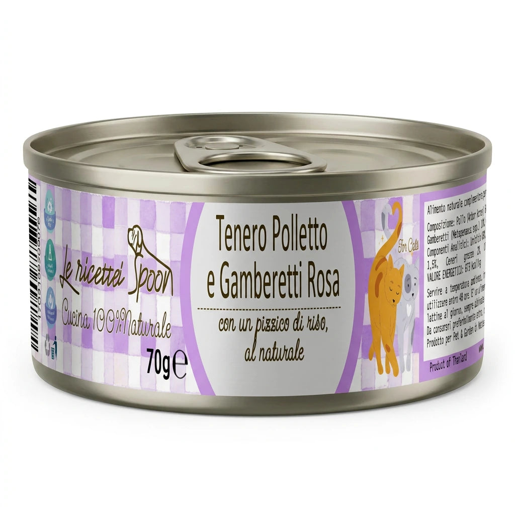 Le Ricette Semplici | Umido Naturale | Tenero Polletto Arbor Acres e Gamberetti, acqua di cottura ed un pizzico di riso, cotti al vapore in lattina 70 g