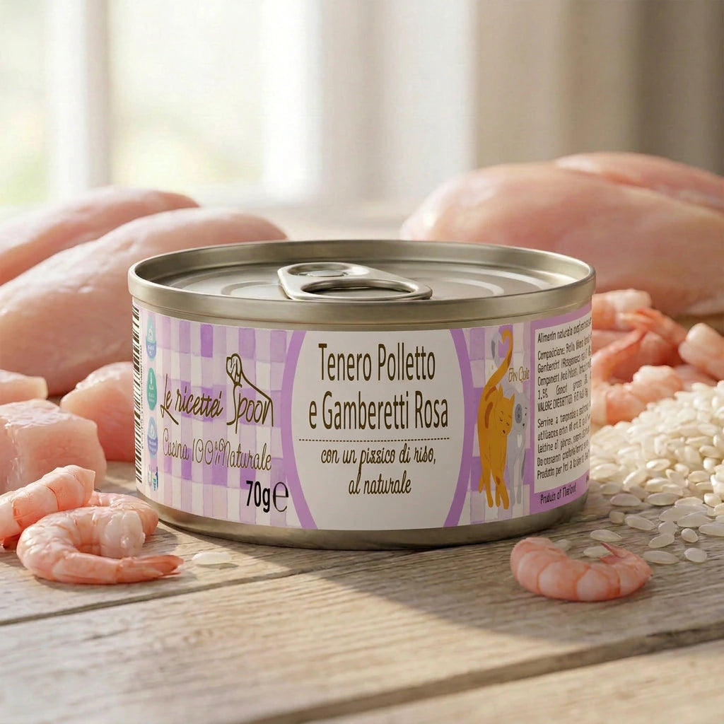 Le Ricette Semplici | Umido Naturale | Tenero Polletto Arbor Acres e Gamberetti, acqua di cottura ed un pizzico di riso, cotti al vapore in lattina 70 g