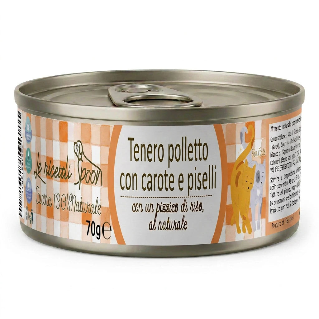 Le Ricette Semplici | Umido Naturale | Tenero Polletto con Carote e Piselli, acqua di cottura ed un pizzico di riso, cotti al vapore in lattina 70 g