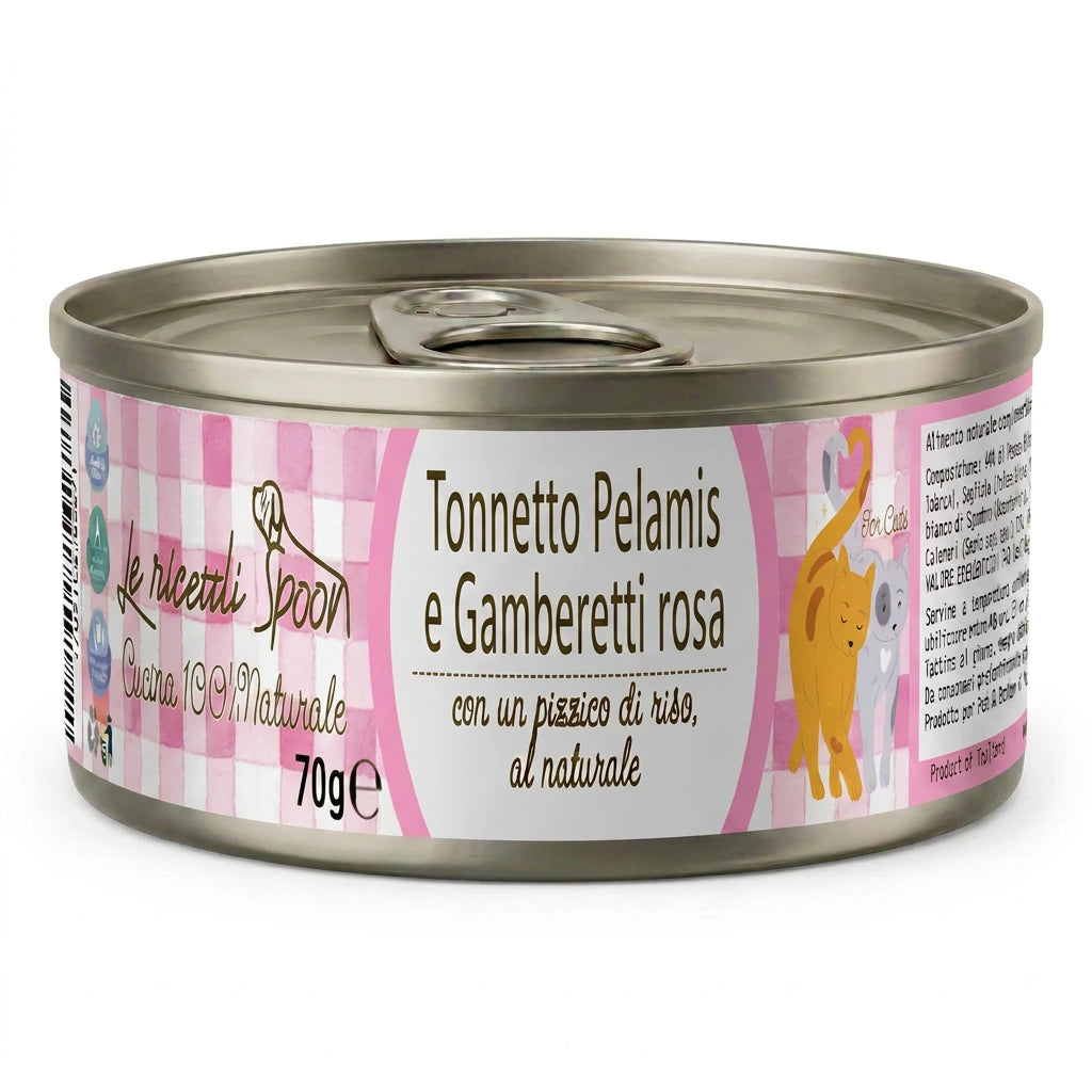 Le Ricette Semplici | Umido Naturale | Tonnetto Pelamis e Gamberetti Rosa, acqua di cottura ed un pizzico di riso, cotti al vapore in lattina 70 g