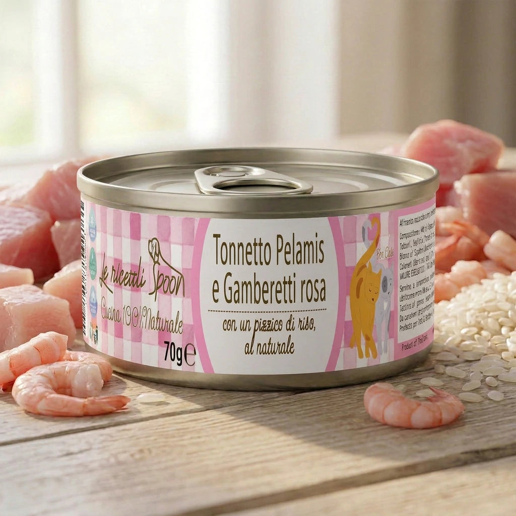 Le Ricette Semplici | Umido Naturale | Tonnetto Pelamis e Gamberetti Rosa, acqua di cottura ed un pizzico di riso, cotti al vapore in lattina 70 g