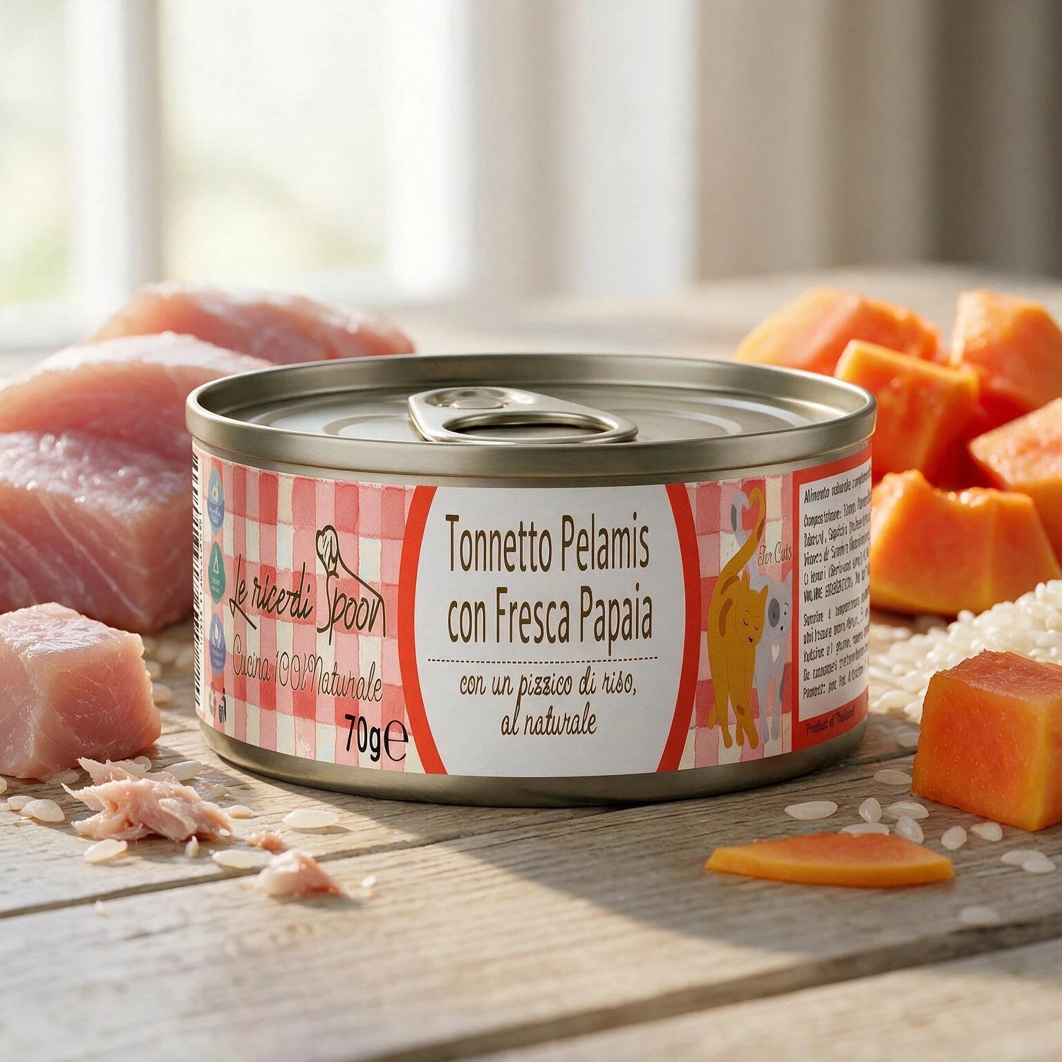 Le Ricette Semplici | Umido Naturale | Tonnetto Pelamis con Fresca Papaia, acqua di cottura ed un pizzico di riso, cotti al vapore in vasetto 70 g