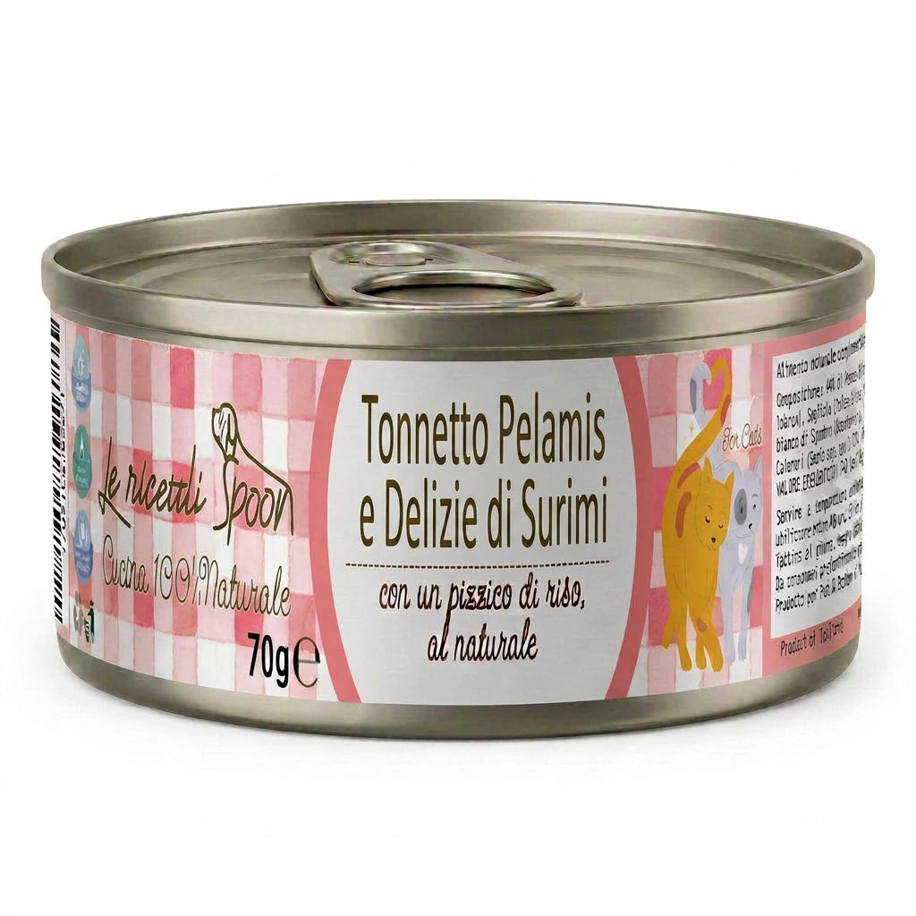 Le Ricette Semplici | Umido Naturale | Tonnetto Pelamis e Delizie di Surimi, acqua di cottura ed un pizzico di riso, cotti al vapore in lattina 70 g