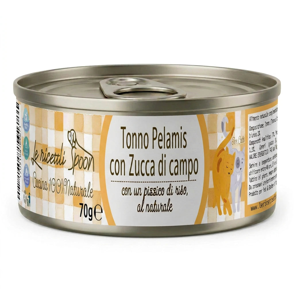 Le Ricette Semplici | Umido Naturale - Tonnetto Pelamis e Zucca di Campo, acqua di cottura ed un pizzico di riso, cotti al vapore in lattina 70 g