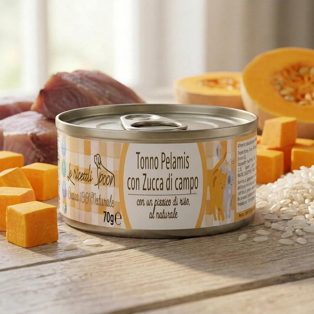 Le Ricette Semplici | Umido Naturale - Tonnetto Pelamis e Zucca di Campo, acqua di cottura ed un pizzico di riso, cotti al vapore in lattina 70 g