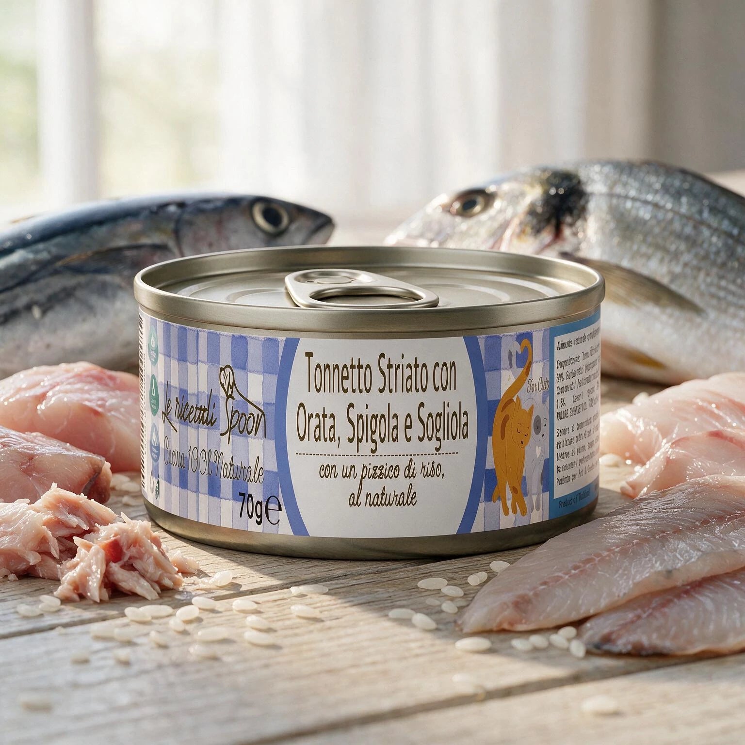 Le Ricette Semplici | Umido Naturale | Tonnetto Striato con Orata, Spigola e Sogliola, acqua di cottura ed un pizzico di riso, cotti al vapore in lattina 70 g