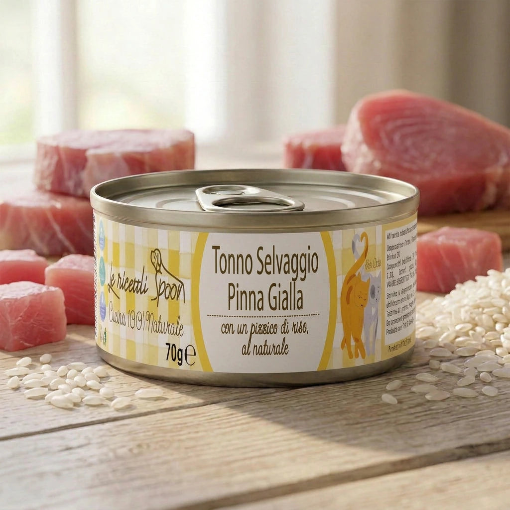 Le Ricette Semplici | Umido Naturale - Tonno Selvaggio Pinna Gialla, acqua di cottura ed un pizzico di riso, cotti al vapore in lattina 70 g