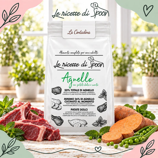 La Contadina - Monoproteico Grain Free - 50% di Agnello Human Grade con Patate Dolci e Menta - Cane Adulto Taglia Media/Grande - sacco con ingredienti