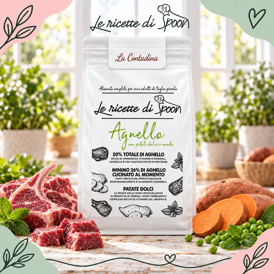 La Contadina - Monoproteico Grain Free - 50% di Agnello Human Grade con Patate Dolci e Menta - Cane Adulto Taglia Piccola - sacco con ingredienti
