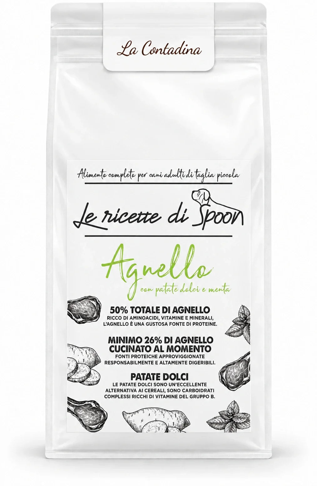La Contadina - Monoproteico Grain Free - 50% di Agnello Human Grade con Patate Dolci e Menta - Cane Adulto Taglia Piccola - sacco su sfondo bianco