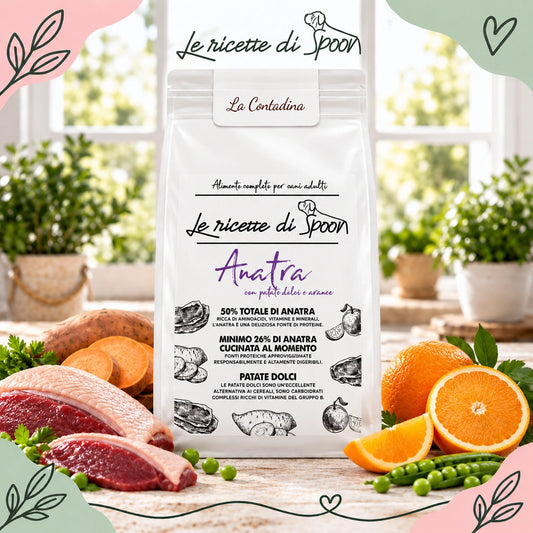 La Contadina - Monoproteico Grain Free - 50% di Anatra Human Grade con Patate Dolci e Arance - Cane Adulto Taglia Media/Grande - sacco con ingredienti