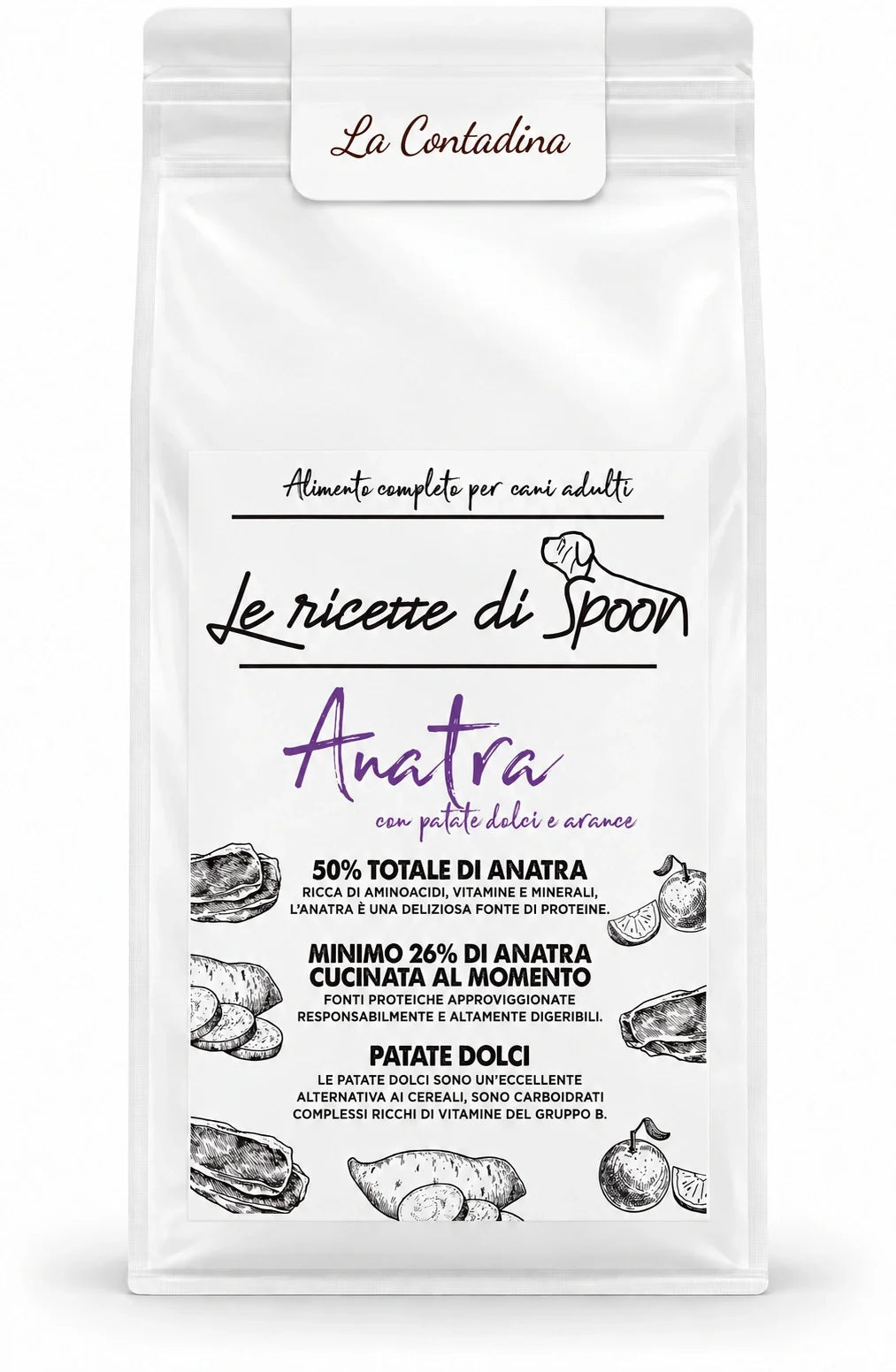 La Contadina - Monoproteico Grain Free - 50% di Anatra Human Grade con Patate Dolci e Arance - Cane Adulto Taglia Media/Grande - sacco su sfondo bianco