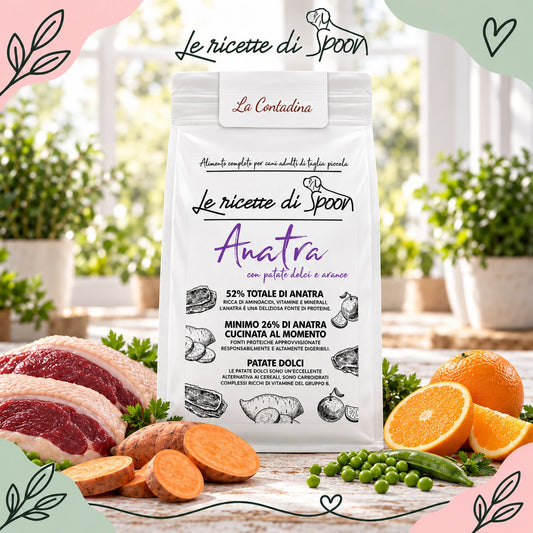 La Contadina - Monoproteico Grain Free - 52% di Anatra Human Grade con Patate Dolci e Arance - Cane Adulto Taglia Piccola - sacco con ingredienti
