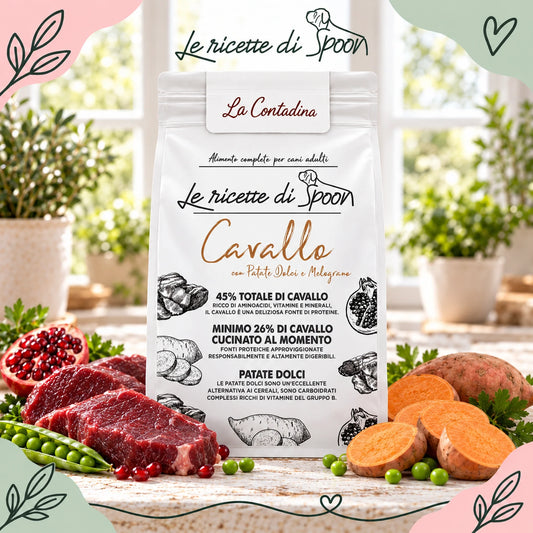 La Contadina - Monoproteico Grain Free - 45% di Cavallo Human Grade con Patate Dolci e Melograno - Cane Adulto Taglia Media/Grande - sacco con ingredienti