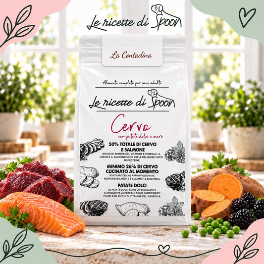 La Contadina - Multiproteico Grain Free - 50% di Cervo e Salmone Human Grade con Patate Dolci e More - Cane Adulto Taglia Media/Grande - sacco con ingredienti