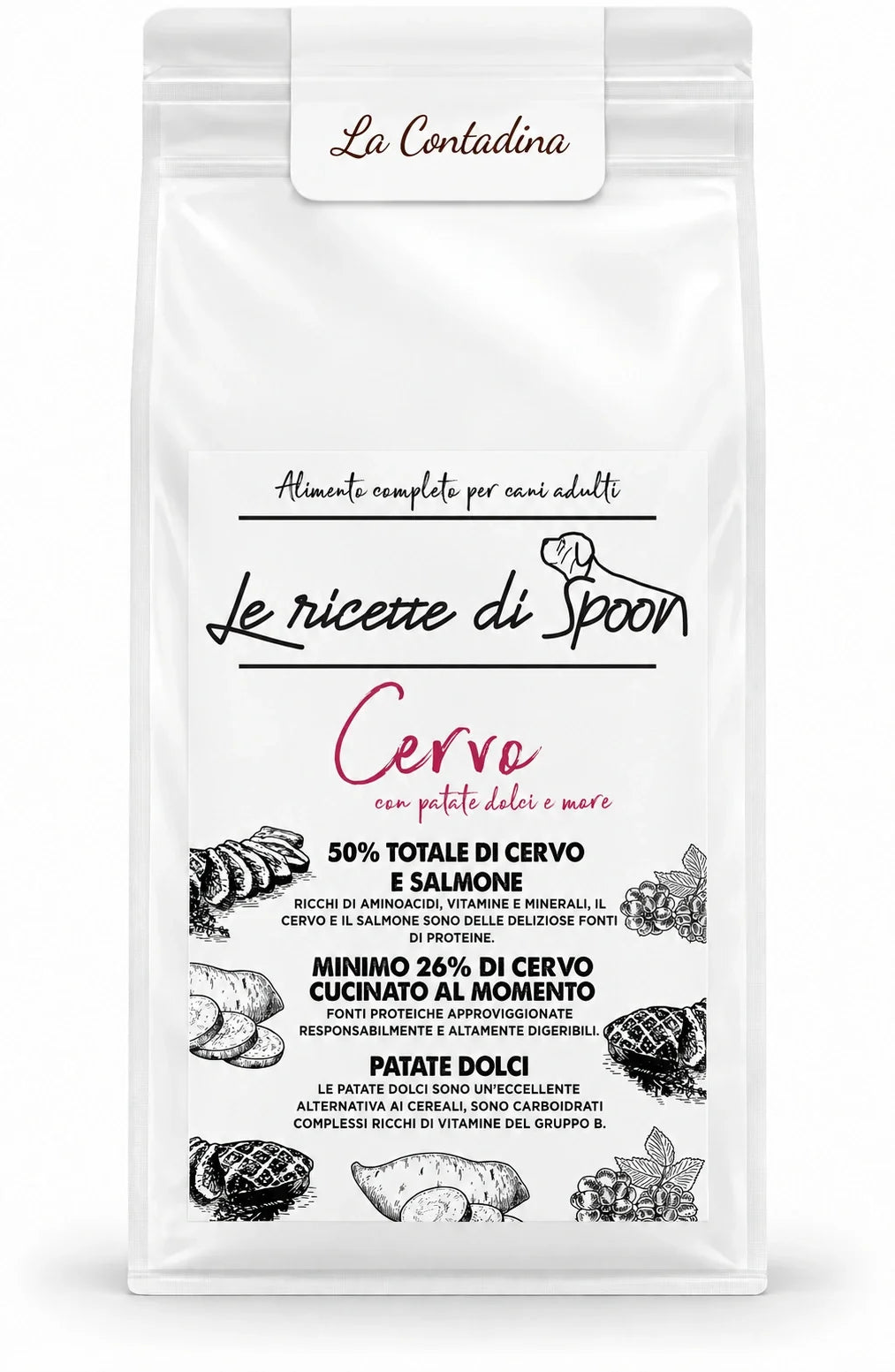La Contadina - Multiproteico Grain Free - 50% di Cervo e Salmone Human Grade con Patate Dolci e More - Cane Adulto Taglia Media/Grande - sacco su sfondo bianco