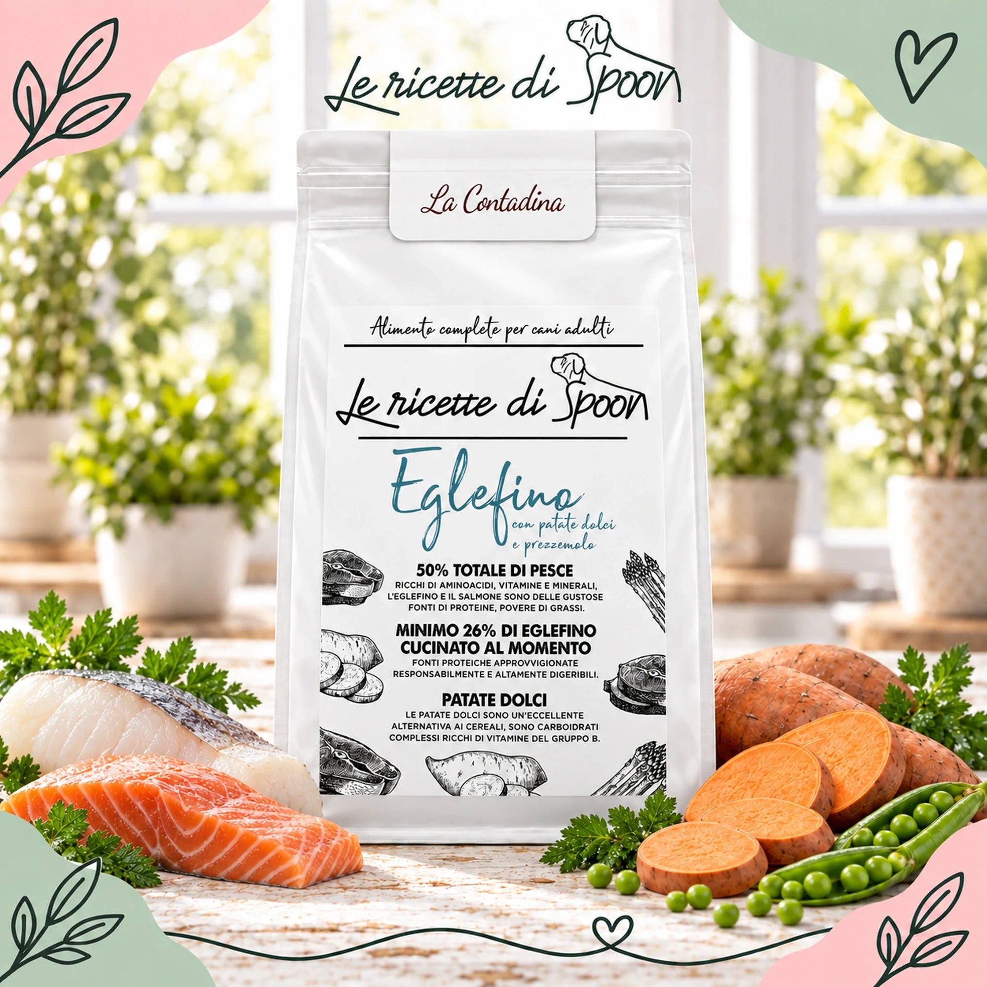 La Contadina - Multiproteico Grain Free - 50% di Eglefino, Salmone e Trota Human Grade con Patate Dolci e Prezzemolo - Cane Adulto Taglia Media/Grande - sacco con ingredienti