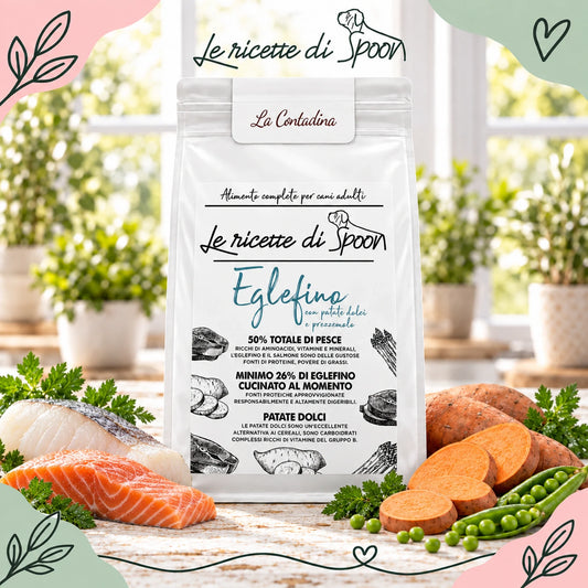 La Contadina - Multiproteico Grain Free - 50% di Eglefino, Salmone e Trota Human Grade con Patate Dolci e Prezzemolo - Cane Adulto Taglia Media/Grande - sacco con ingredienti