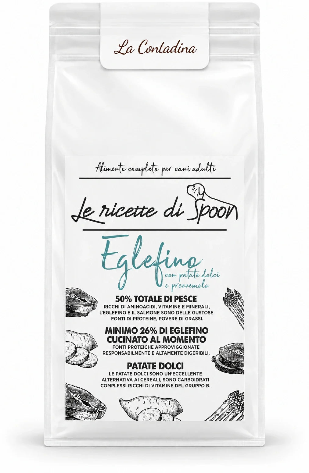 La Contadina - Multiproteico Grain Free - 50% di Eglefino, Salmone e Trota Human Grade con Patate Dolci e Prezzemolo - Cane Adulto Taglia Media/Grande - sacco su sfondo bianco
