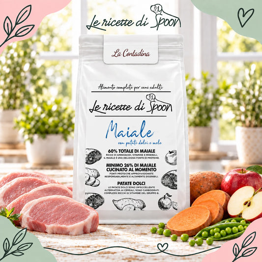 La Contadina - Monoproteico Grain Free - 60% di Maiale Human Grade con Patate Dolci e Mele - Cane Adulto Taglia Media/Grande - sacco con ingredienti