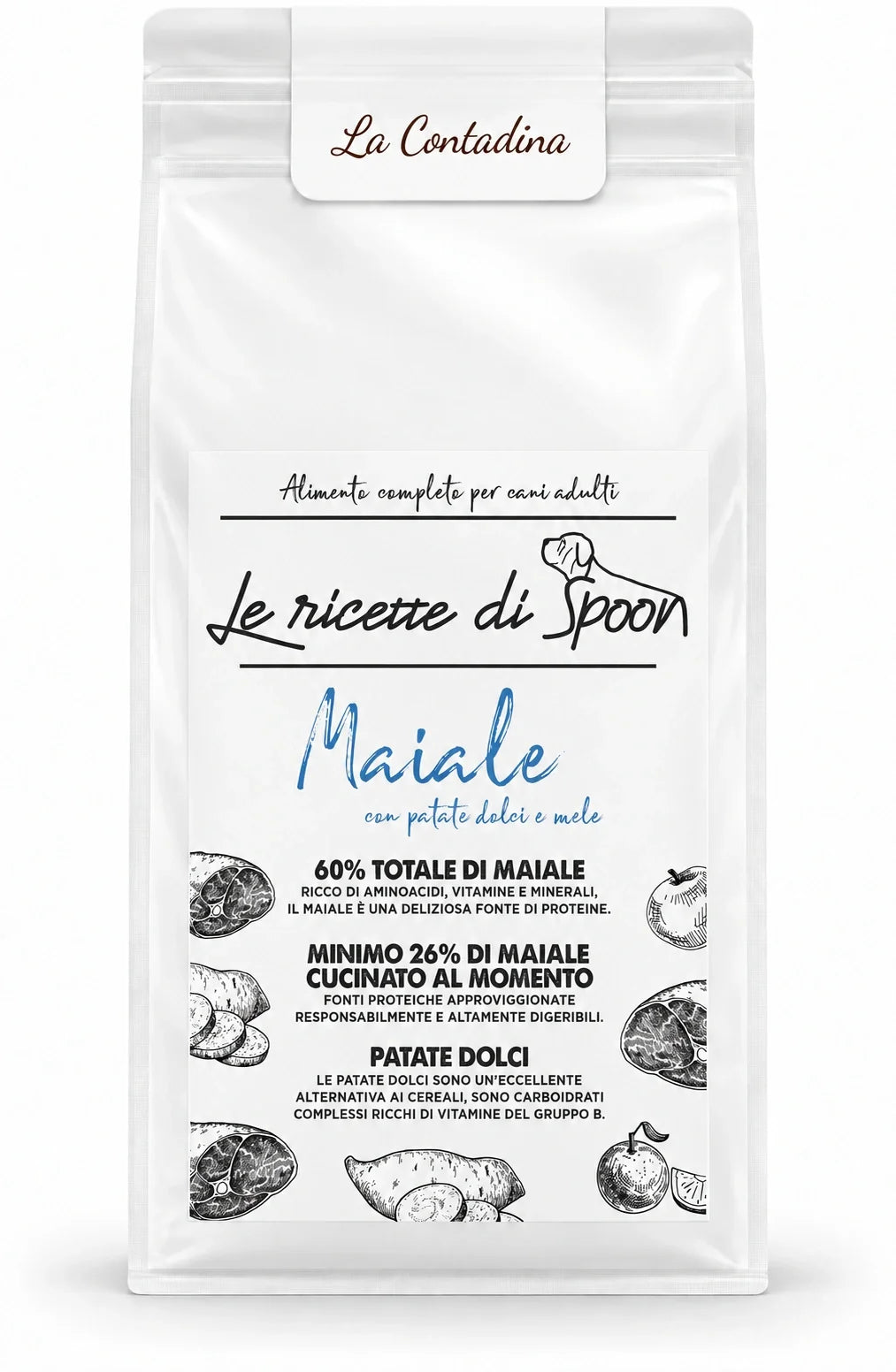 La Contadina - Monoproteico Grain Free - 60% di Maiale Human Grade con Patate Dolci e Mele - Cane Adulto Taglia Media/Grande - sacco su sfondo bianco
