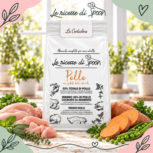 La Contadina - Monoproteico Grain Free - 55% di Pollo Human Grade con Patate Dolci ed Erbe Officinali - Cane Adulto Taglia Media/Grande - sacco con ingredienti