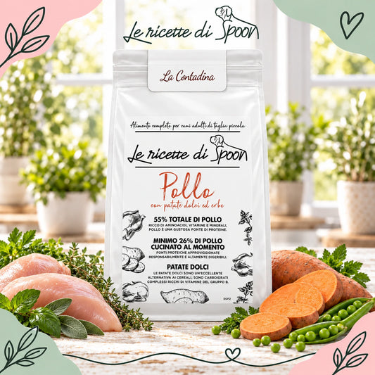 La Contadina - Monoproteico Grain Free - 55% di Pollo Human Grade con Patate Dolci ed Erbe Officinali - Cane Adulto Taglia Piccola - sacco con ingredienti