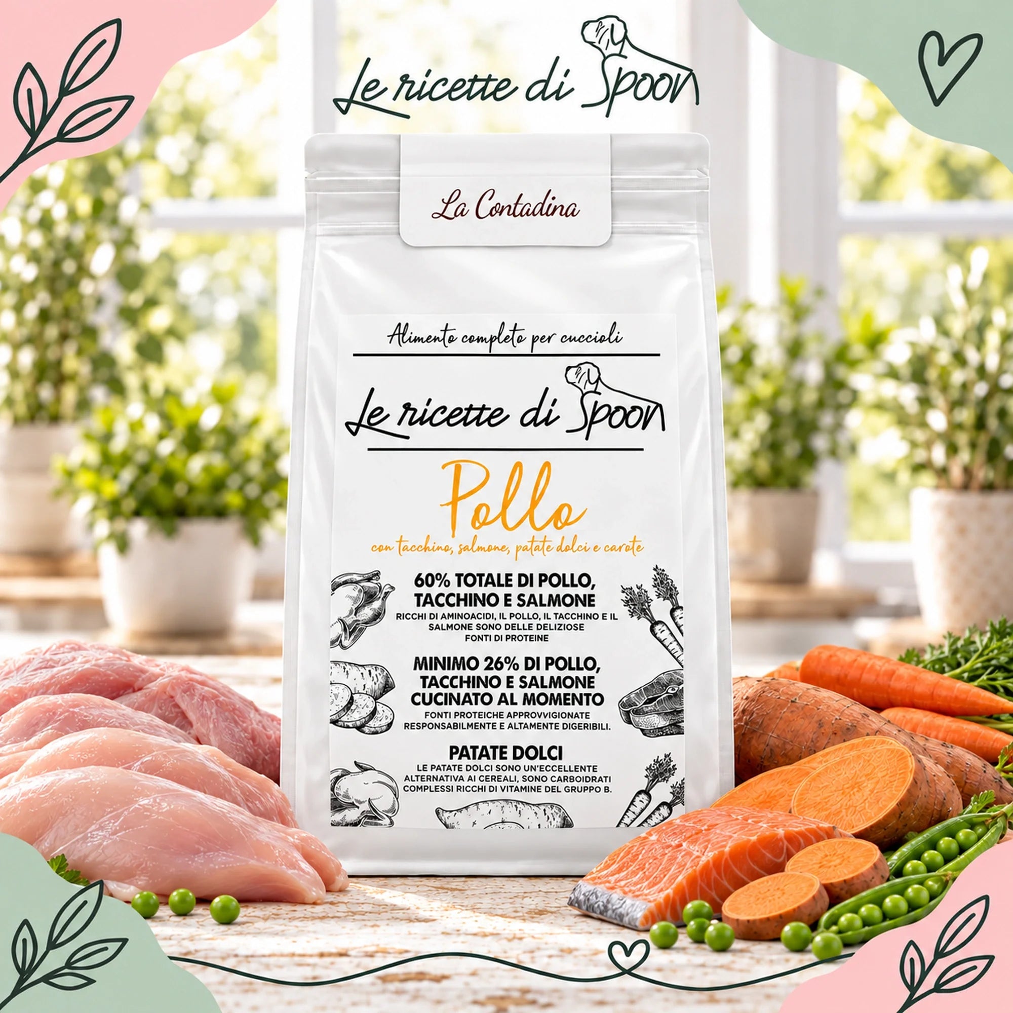La Contadina - Multiproteico Grain Free - 60% di Pollo, Tacchino e Salmone Human Grade con Patate Dolci e Carote - Cane Cucciolo Taglia Piccola/Media/Grande - sacco con ingredienti