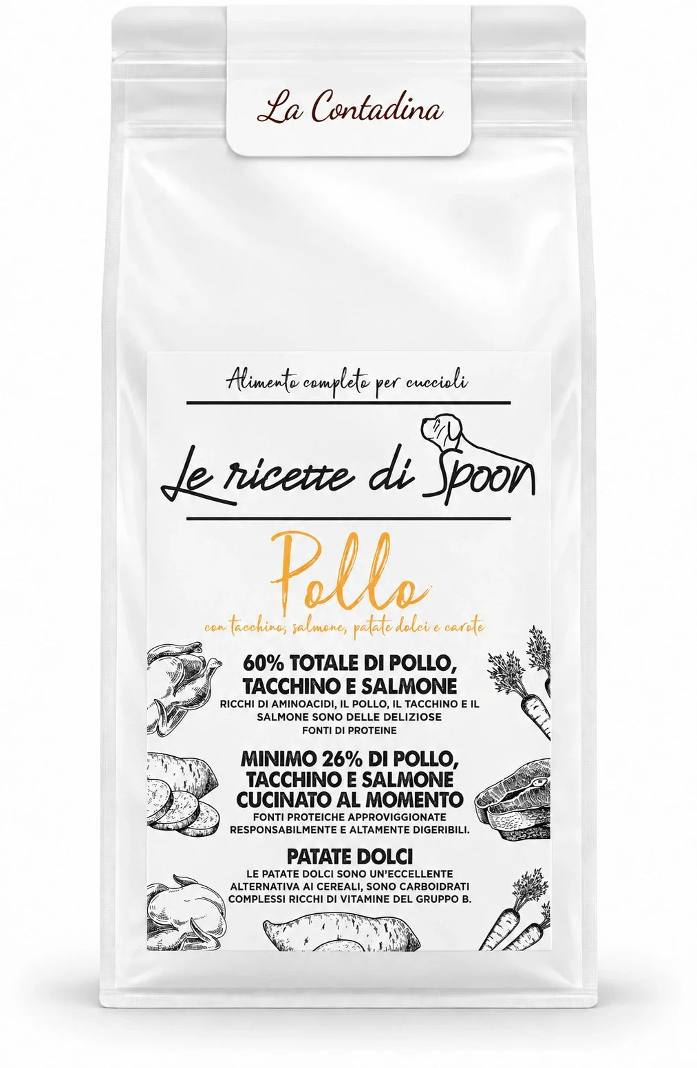 La Contadina - Multiproteico Grain Free - 60% di Pollo, Tacchino e Salmone Human Grade con Patate Dolci e Carote - Cane Cucciolo Taglia Piccola/Media/Grande - sacco su sfondo bianco
