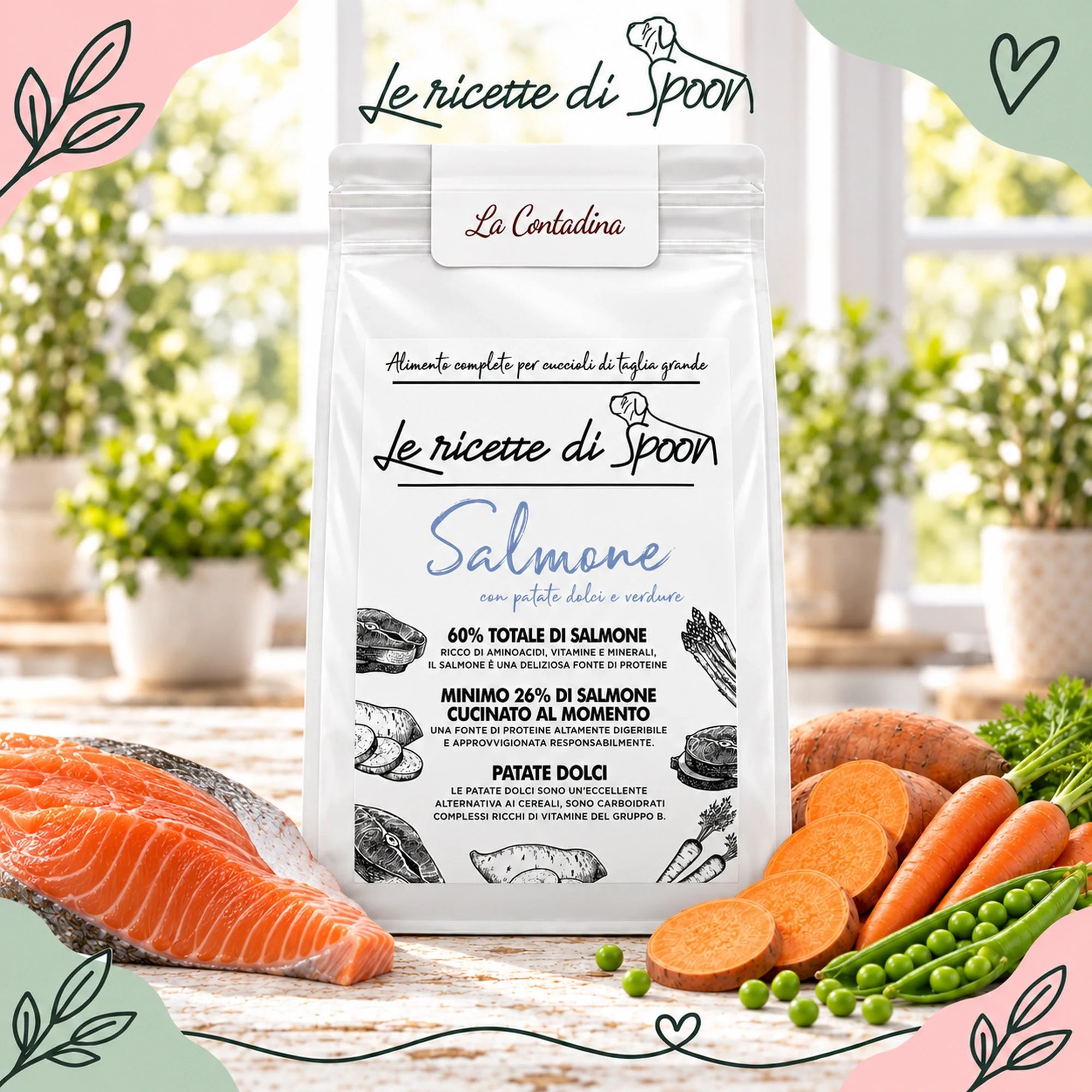 La Contadina - Monoproteico Grain Free - 60% di Salmone Human Grade con Patate Dolci, Carote e Piselli - Cane Cucciolo Taglia Grande - sacco con ingredienti