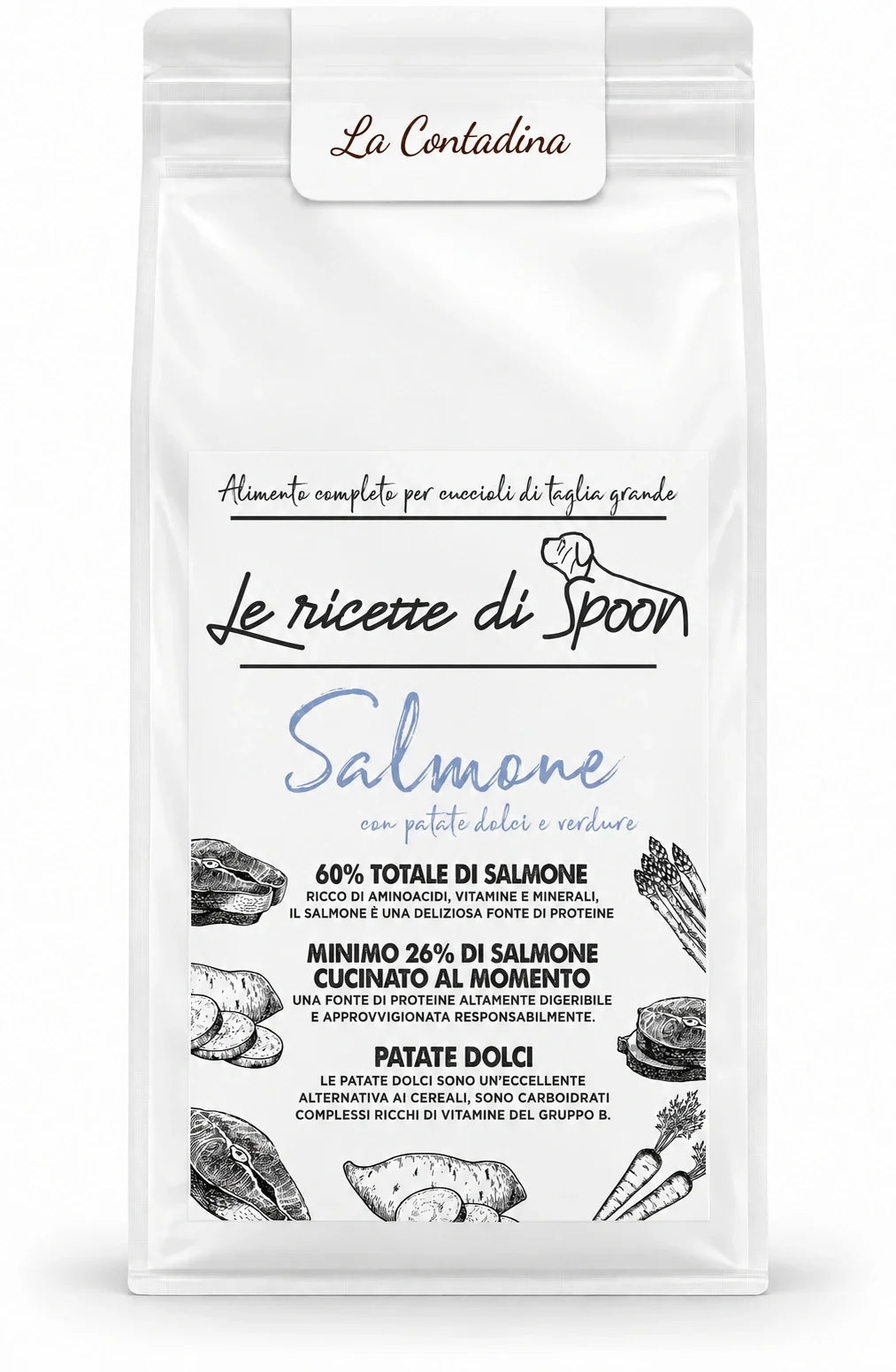 La Contadina - Monoproteico Grain Free - 60% di Salmone Human Grade con Patate Dolci, Carote e Piselli - Cane Cucciolo Taglia Grande - sacco su sfondo bianco