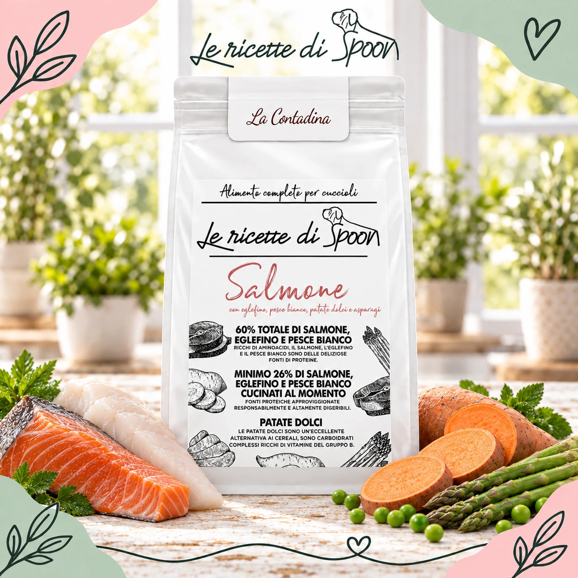 La Contadina - Multiproteico Grain Free - 60% di Salmone, Eglefino e Pesce Bianco Human Grade con Patate Dolci e Asparagi - Cane Cucciolo Taglia Piccola/Media/Grande - sacco con ingredienti