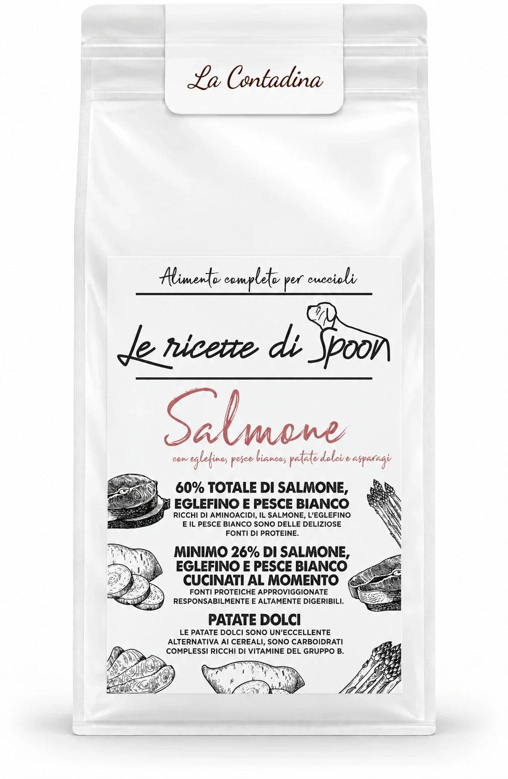 La Contadina - Multiproteico Grain Free - 60% di Salmone, Eglefino e Pesce Bianco Human Grade con Patate Dolci e Asparagi - Cane Cucciolo Taglia Piccola/Media/Grande - sacco su sfondo bianco