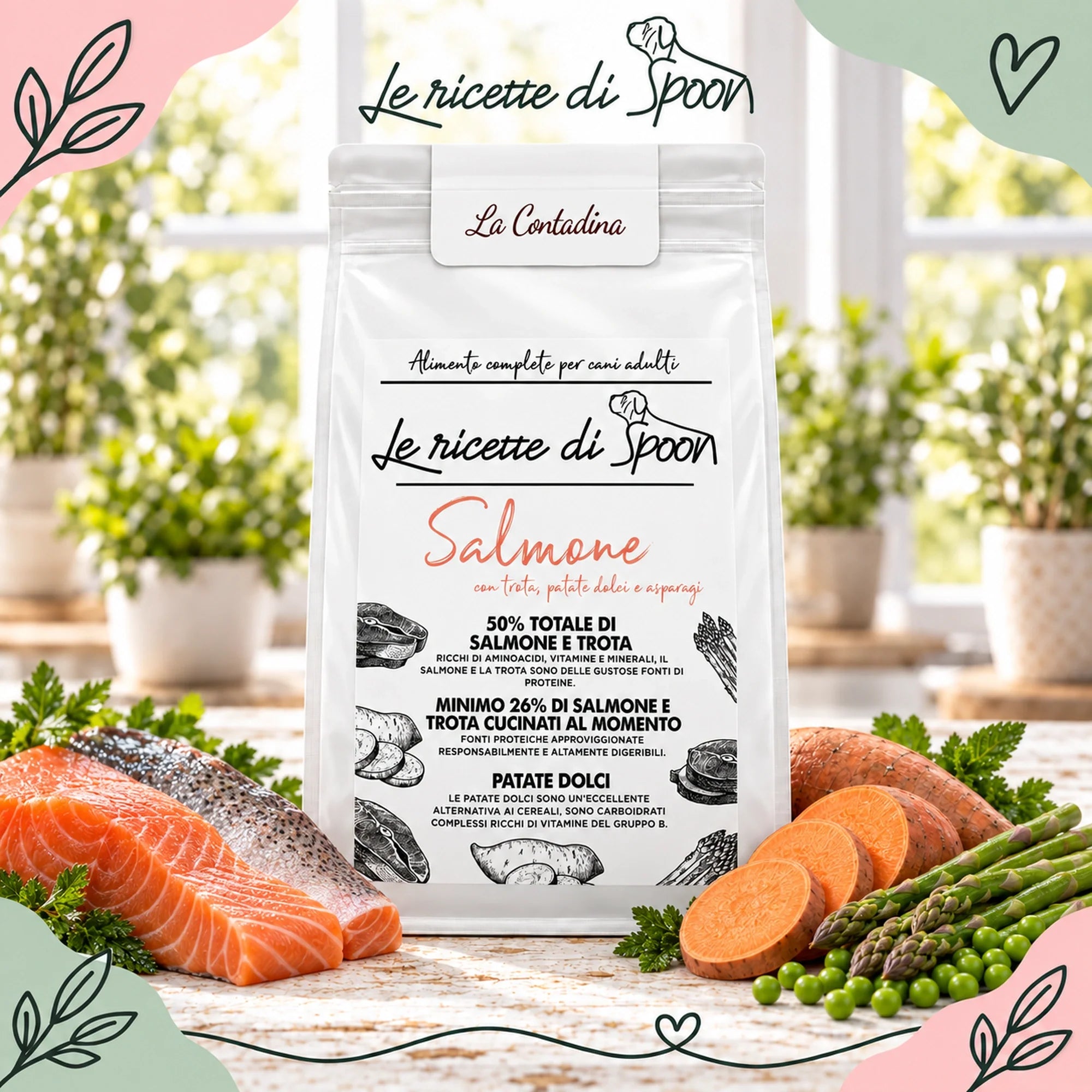 La Contadina - Multiproteico Grain Free - 50% di Salmone e Trota Human Grade con Patate Dolci e Asparagi - Cane Adulto Taglia Media/Grande - sacco con ingredienti