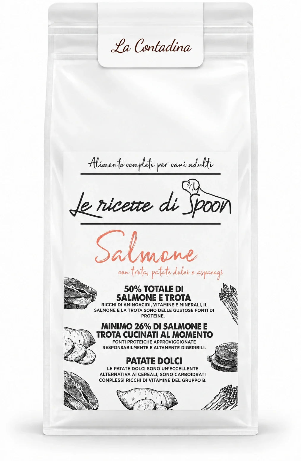 La Contadina - Multiproteico Grain Free - 50% di Salmone e Trota Human Grade con Patate Dolci e Asparagi - Cane Adulto Taglia Media/Grande - sacco su sfondo bianco