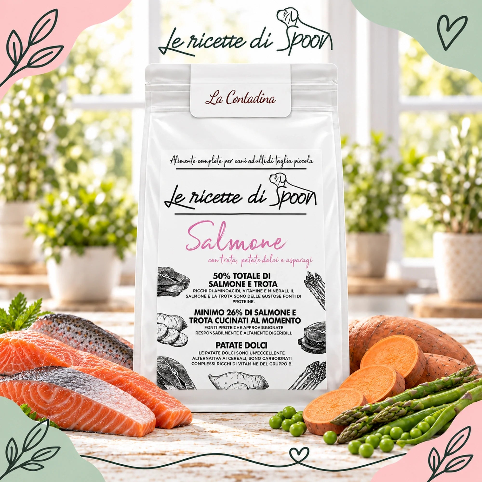 La Contadina - Multiproteico Grain Free - 53% di Salmone e Trota Human Grade con Patate Dolci e Asparagi - Cane Adulto Taglia Piccola - sacco con ingredienti