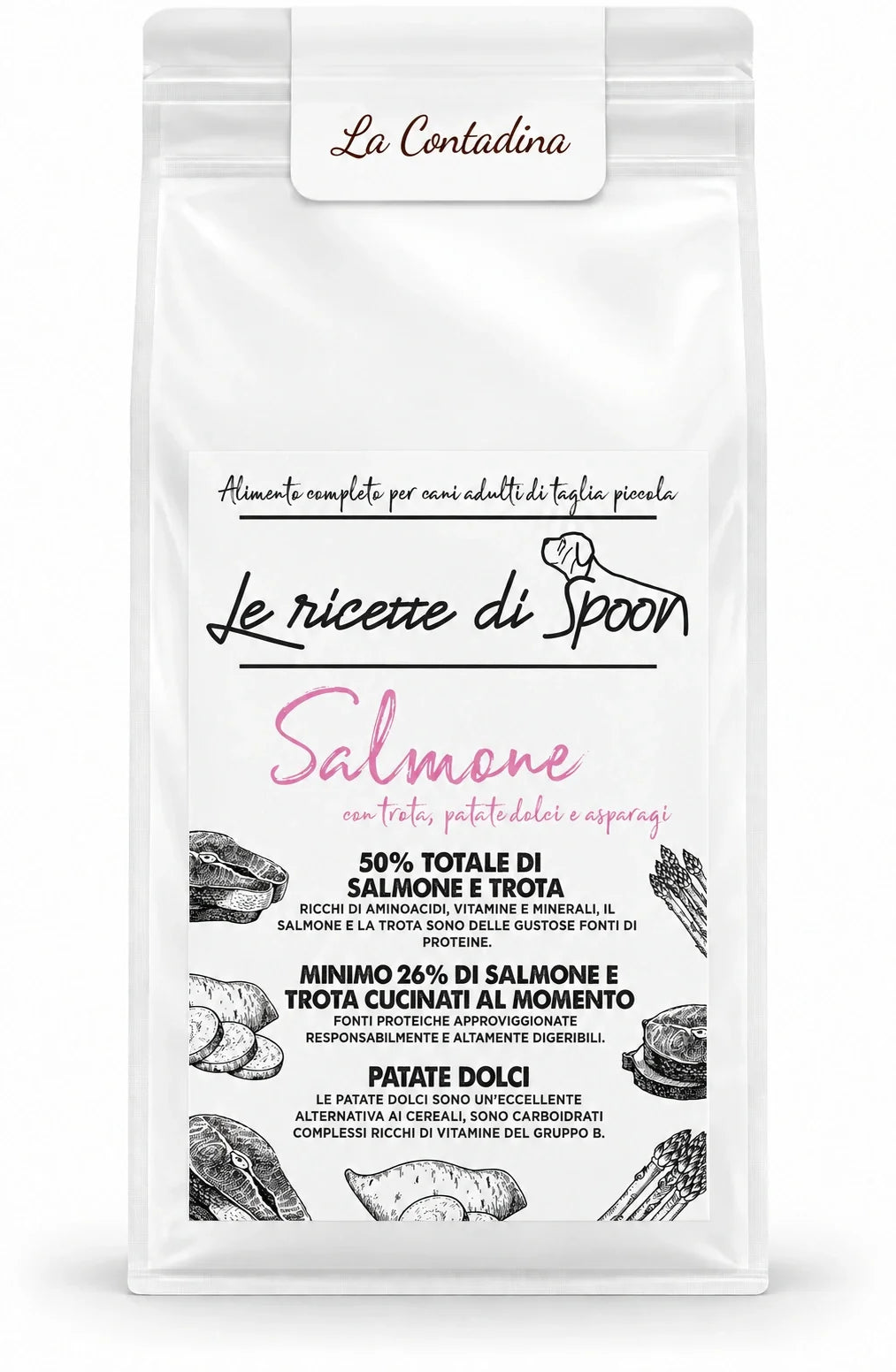 La Contadina - Multiproteico Grain Free - 53% di Salmone e Trota Human Grade con Patate Dolci e Asparagi - Cane Adulto Taglia Piccola - sacco su sfondo bianco