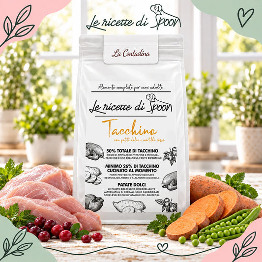 La Contadina - Monoproteico Grain Free - 50% di Tacchino Human Grade con Patate Dolci e Mirtilli Rossi - Cane Adulto Taglia Media/Grande - sacco con ingredienti